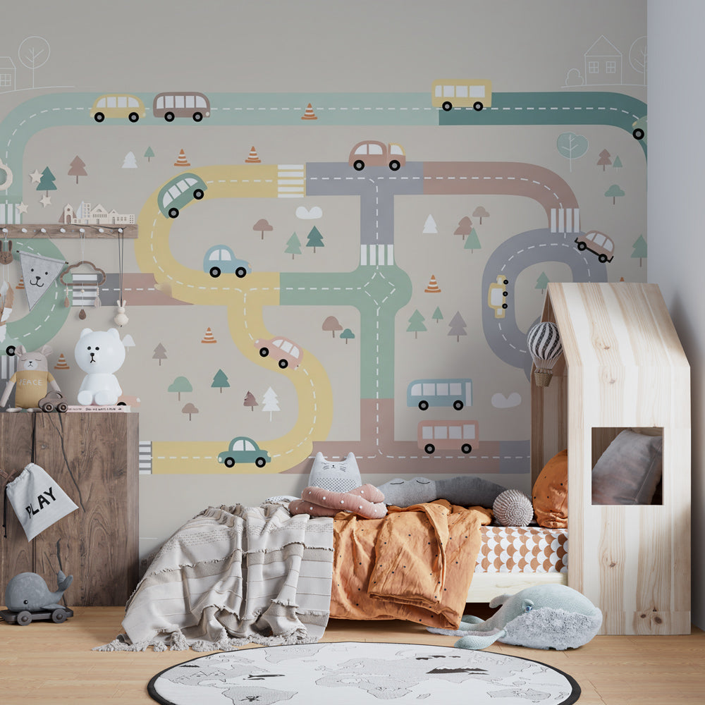 Automotive themed mural wallpaper creating playful kids bedroom atmosphere with road design