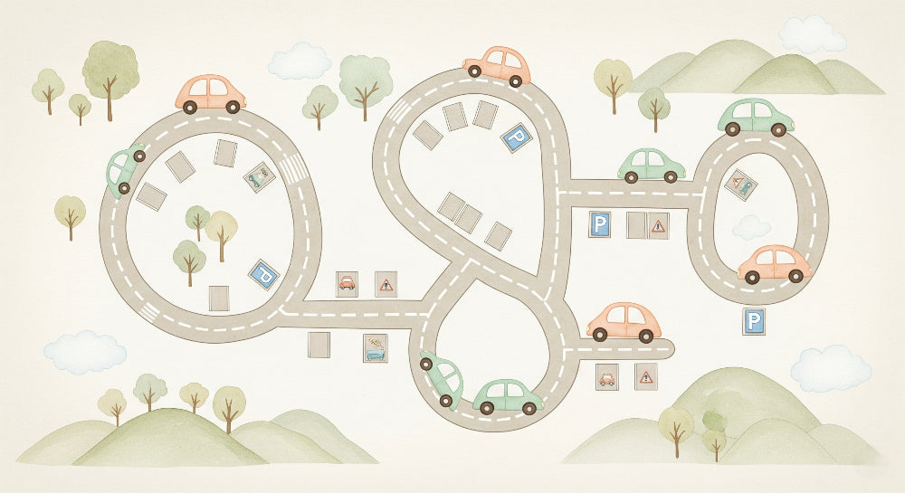 Detailed road circuit mural wallpaper design pattern with cars and traffic signs by Kids-Mundo