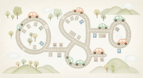 Detailed road circuit mural wallpaper design pattern with cars and traffic signs by Kids-Mundo
