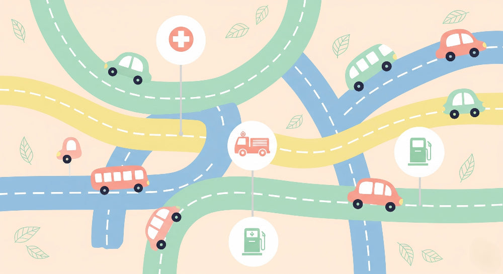 Detailed road circuit mural wallpaper design pattern with cars and traffic signs by Kids-Mundo