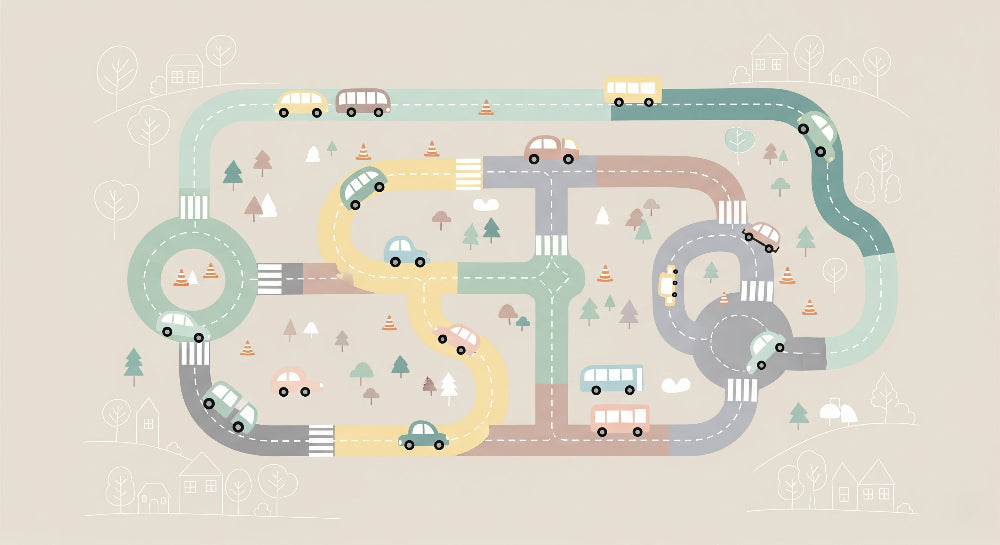 Detailed road circuit mural wallpaper design pattern showing cars and winding roads by Kids-Mundo