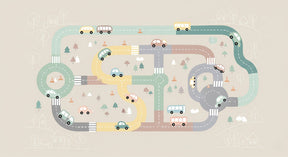 Detailed road circuit mural wallpaper design pattern showing cars and winding roads by Kids-Mundo