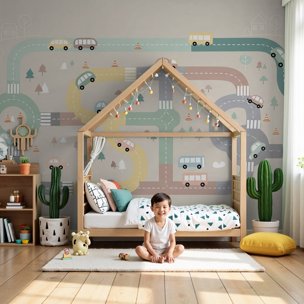 Road circuit mural wallpaper with colorful cars in modern nursery room by Kids-Mundo