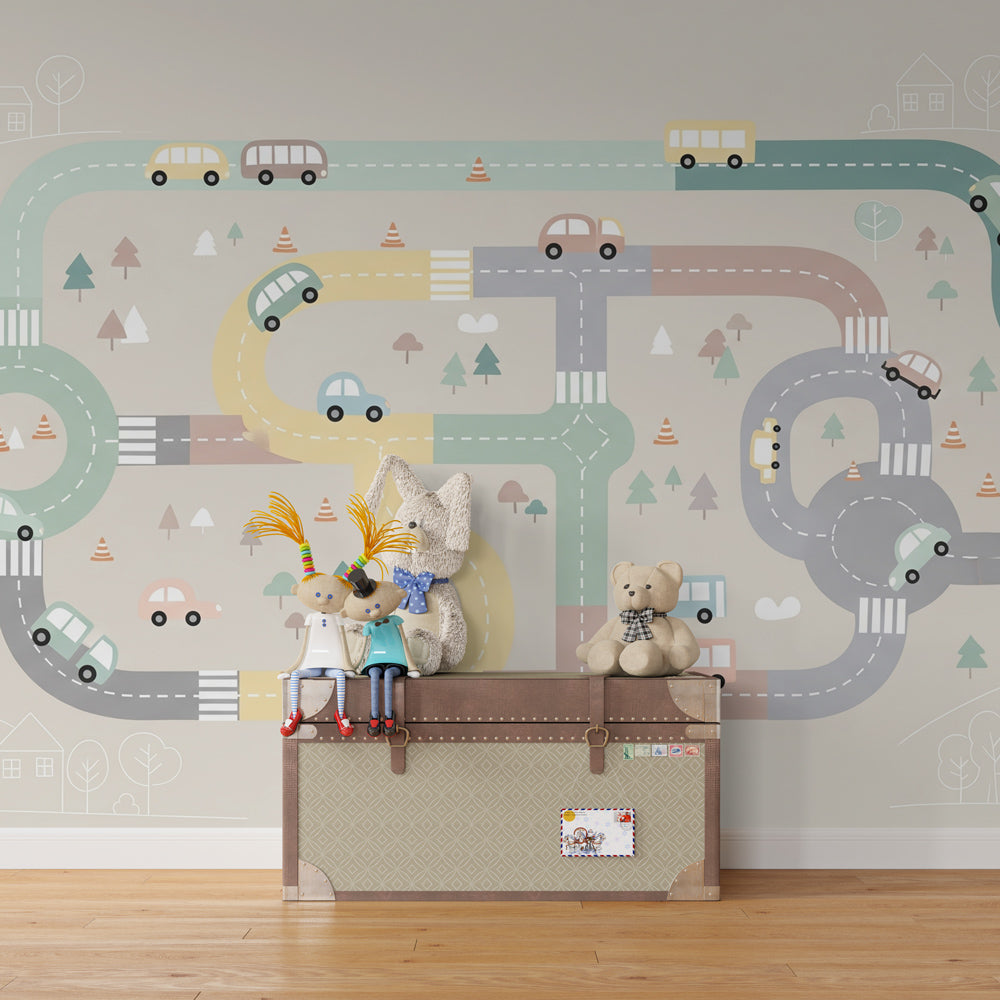 Interactive road circuit wallpaper transforming children's playroom with vehicle theme by Kids-Mundo
