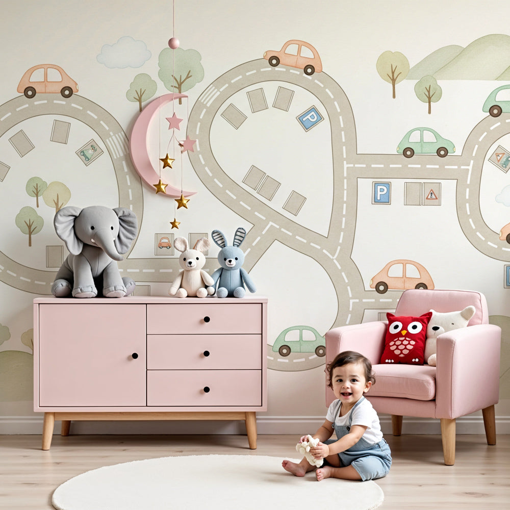 Road circuit mural wallpaper with colorful cars in modern toddler bedroom by Kids-Mundo