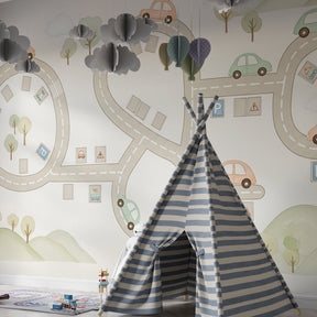 Colorful road circuit mural wallpaper transforming nursery wall into adventure zone