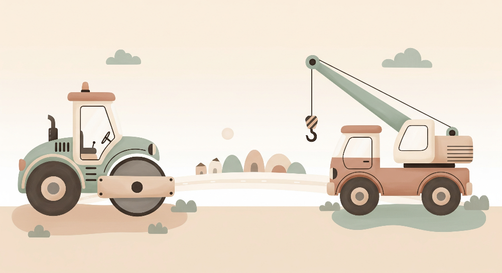 Pastel Road Roller and Crane Truck Wall Mural