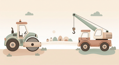 Kids-Mundo flat artwork of a pastel road roller and crane truck for a children's wall mural