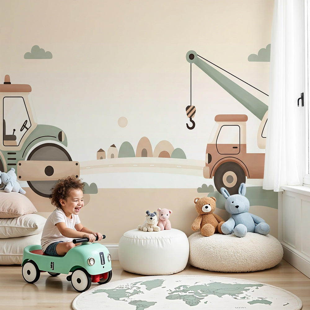 Kids-Mundo pastel road roller and crane wall mural styled behind a cot in a soft neutral nursery