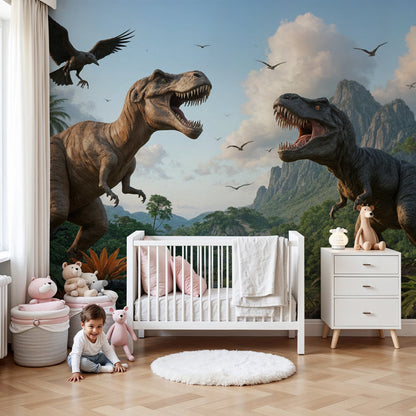 Kids-Mundo T-Rex dinosaur wall mural styled as a bold feature wall in an adventure-themed nursery.