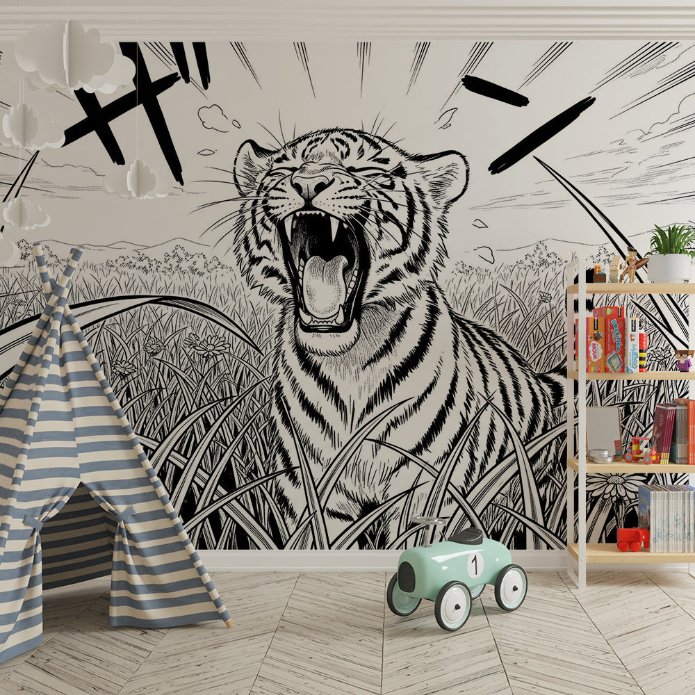 Kids-Mundo roaring tiger line art mural in a dramatic kids bedroom setting