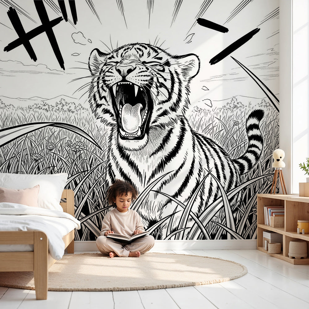 Kids-Mundo roaring tiger black and white wall mural styled as a bold nursery accent wall