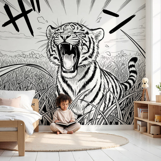 Kids-Mundo roaring tiger black and white wall mural styled as a bold nursery accent wall