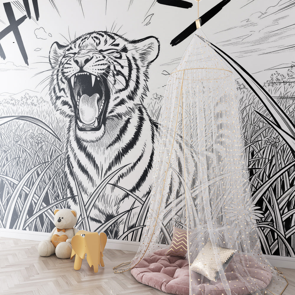Kids-Mundo black and white tiger wall mural bringing energy to a playroom wall