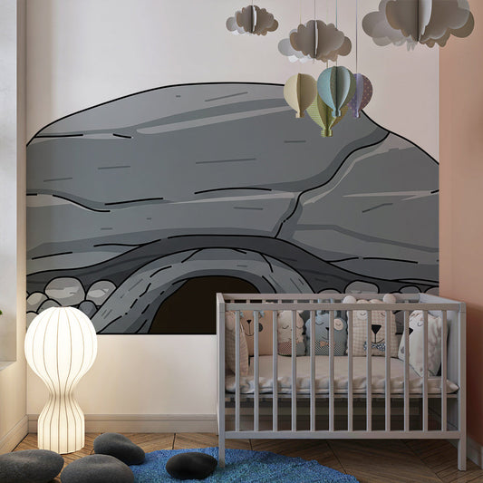Kids-Mundo grey rock cave wall mural made to measure on a feature wall in a kids bedroom