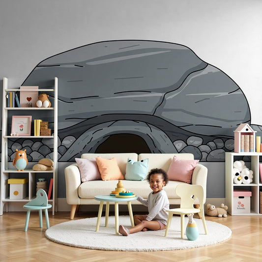 Kids-Mundo rock cave wall mural printed made to measure in a neutral kids nursery room