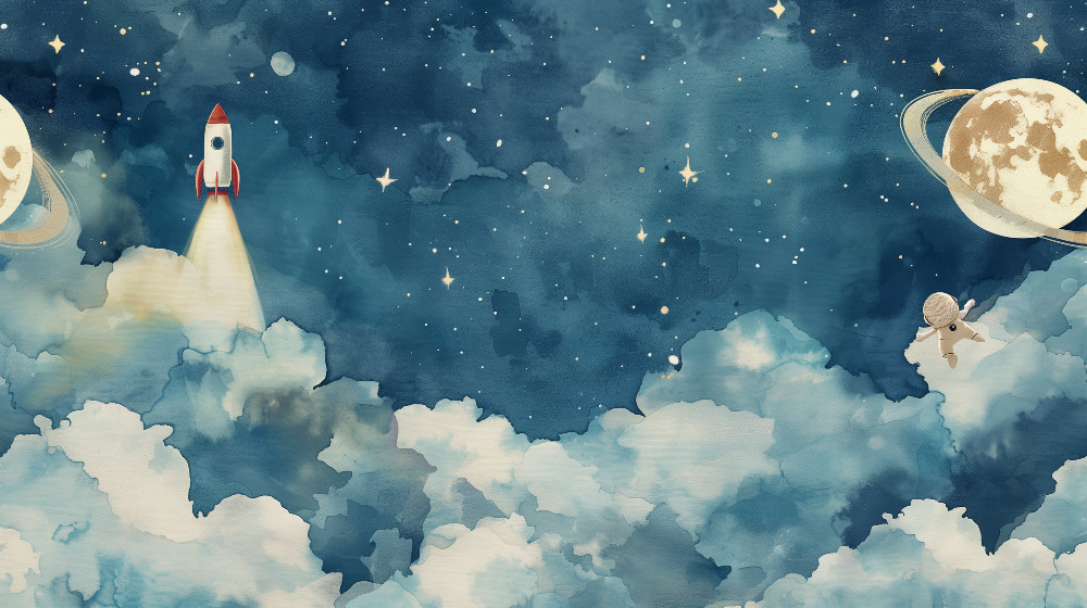 Kids-Mundo rocket, astronaut and night sky flat artwork for made-to-measure murals