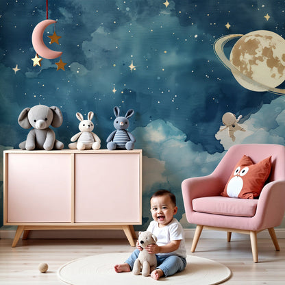 Kids-Mundo rocket and astronaut night sky wall mural behind a cot in a nursery