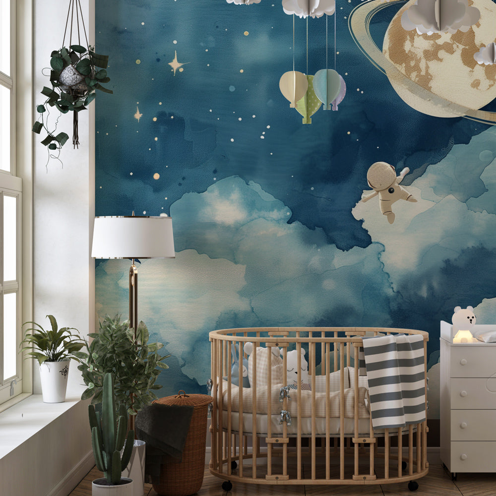 Kids-Mundo rocket and astronaut wall mural bringing a night sky to a playroom