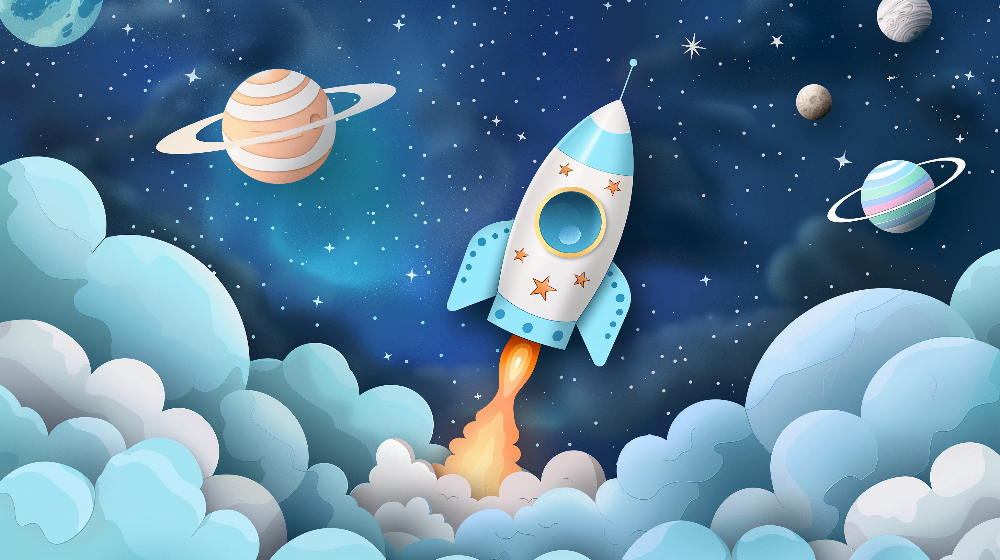 Kids-Mundo flat artwork preview of the rocket, clouds and planets wall mural design