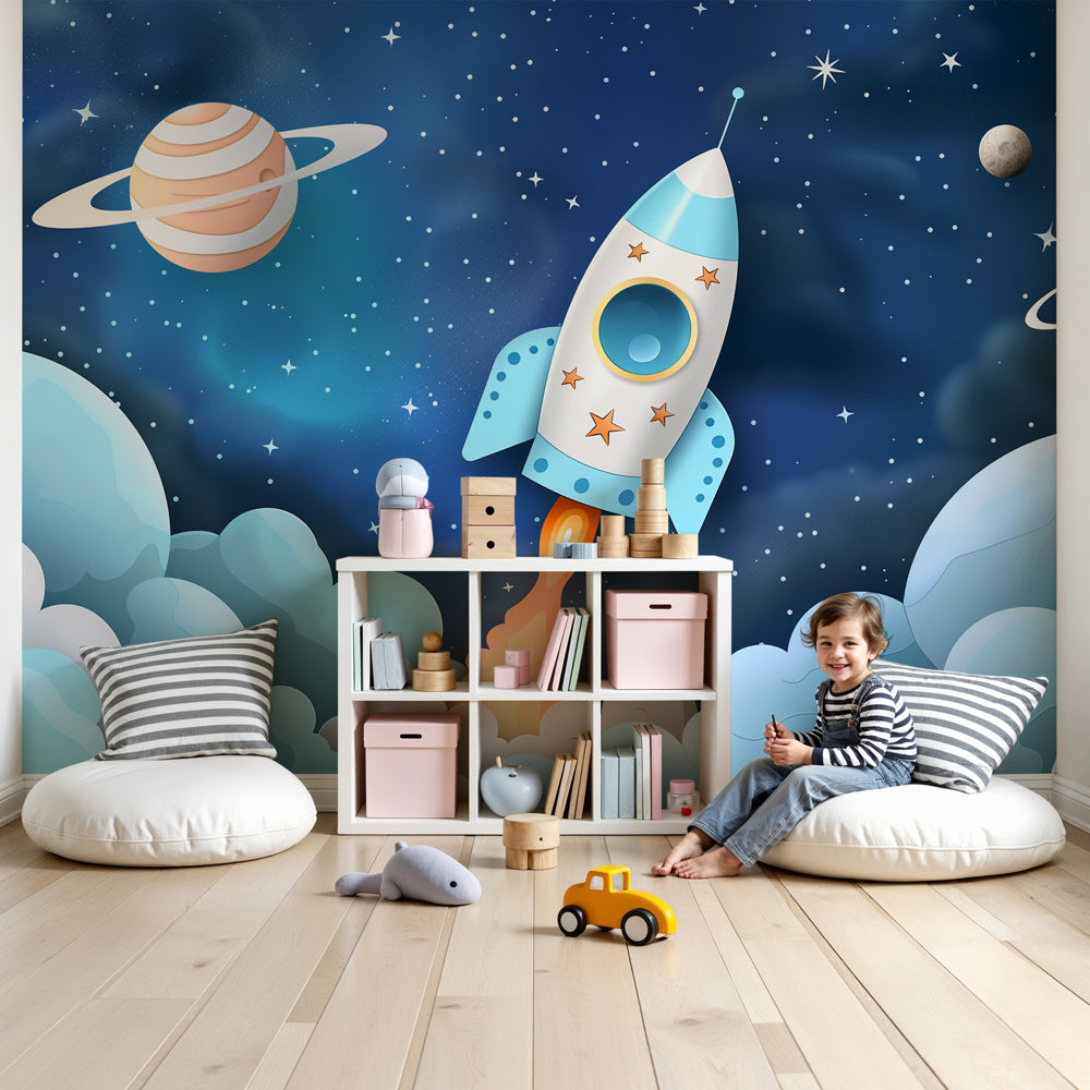 Kids-Mundo rocket launch wall mural with clouds and planets styled in a baby nursery