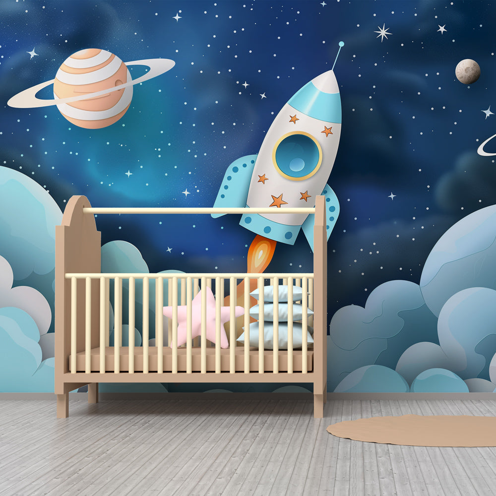 Kids-Mundo made-to-measure rocket wall mural brightening a bright shared playroom wall