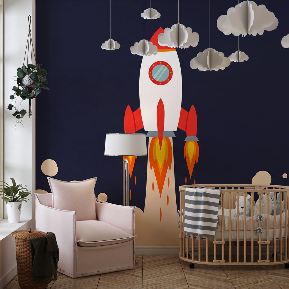 Kids-Mundo rocket wall mural in a playroom, a dramatic space launch scene covering the whole feature wall.