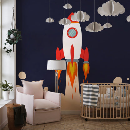 Kids-Mundo rocket wall mural in a playroom, a dramatic space launch scene covering the whole feature wall.