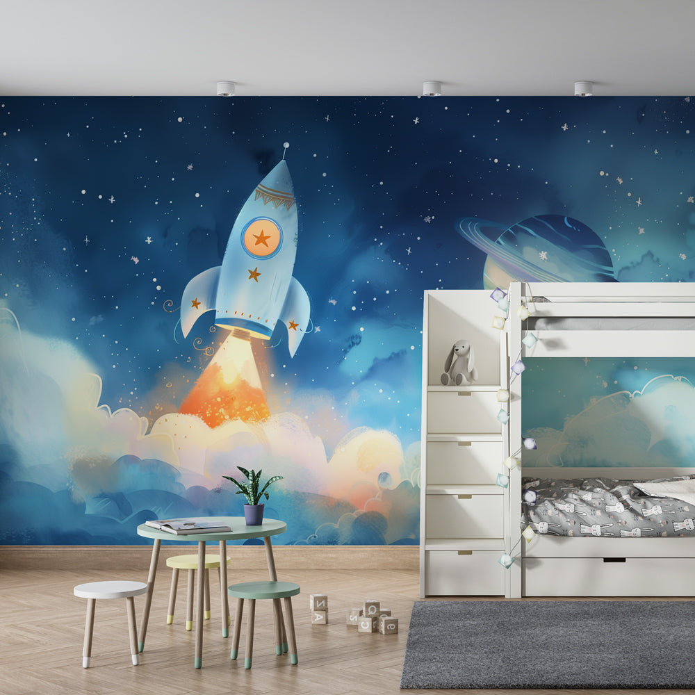 Kids-Mundo space rocket wall mural styled in an adventurous kids bedroom at night