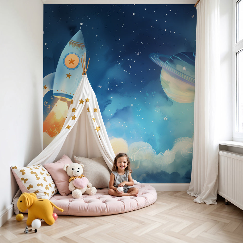 Kids-Mundo rocket and ringed planet wall mural in a starry blue baby nursery