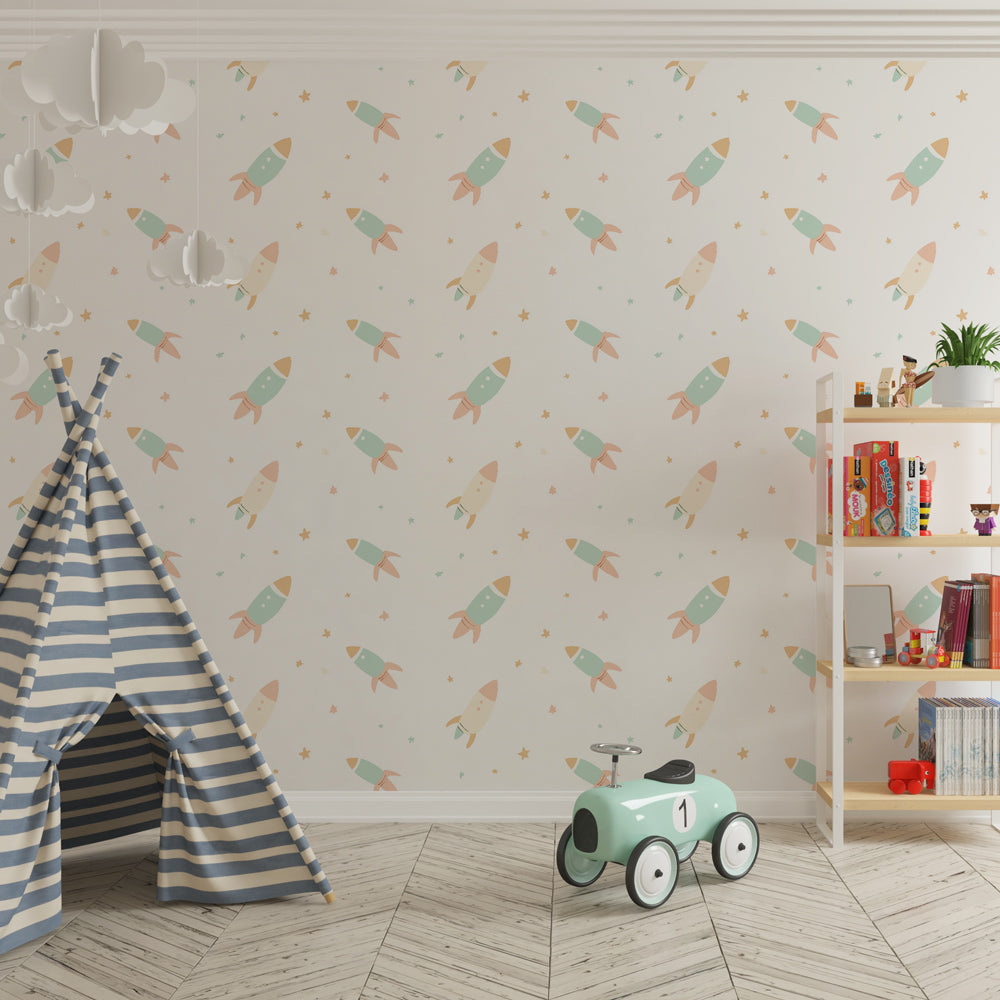 Soft rocket wallpaper with stars decorating modern children's bedroom interior