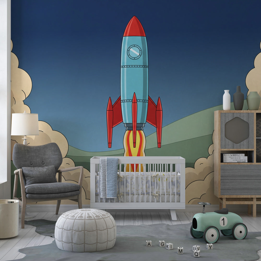 Space rocket wallpaper creating cosmic adventure atmosphere in children's playroom