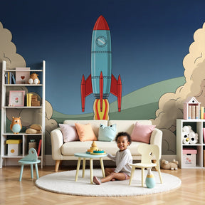 Rocket space adventure mural wallpaper in modern kids bedroom by Kids-Mundo