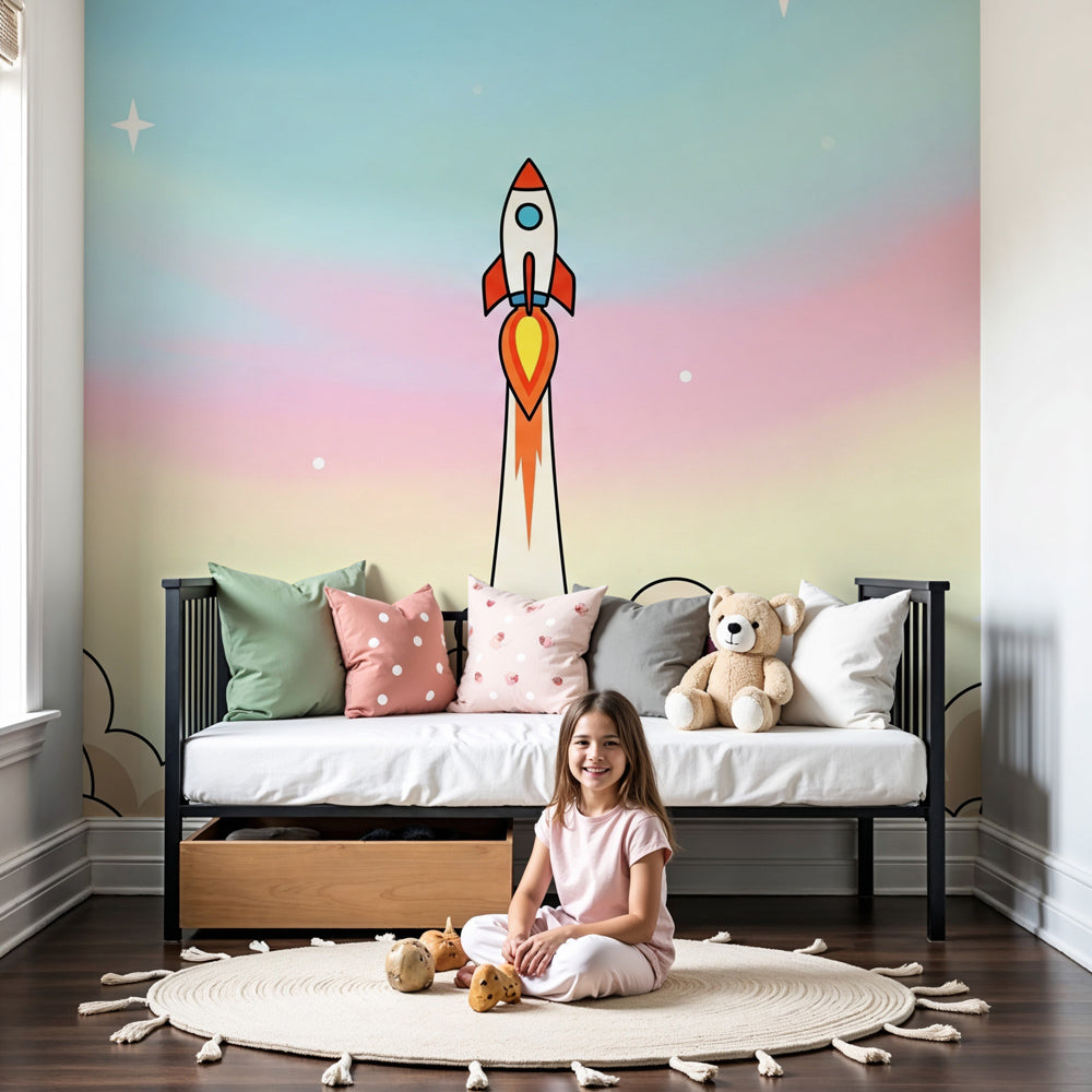Rocket space mural wallpaper with pastel clouds in modern nursery by Kids-Mundo