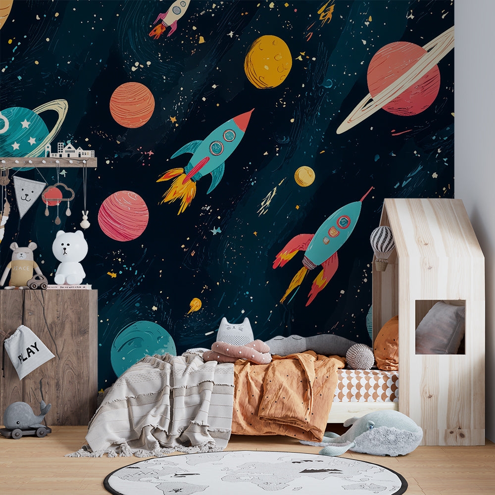 Kids-Mundo rockets and planets wall mural on a bright kids bedroom wall