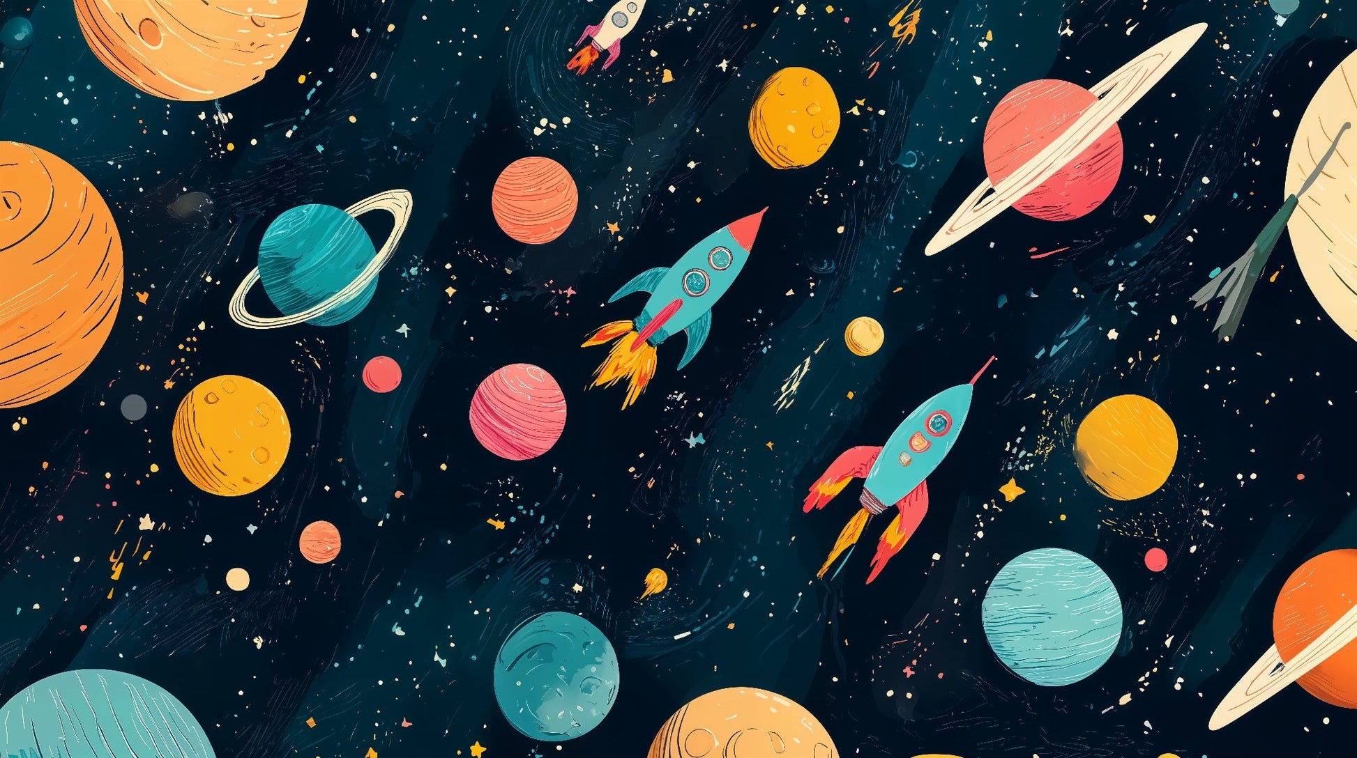Kids-Mundo flat artwork of colourful rockets flying past planets on navy