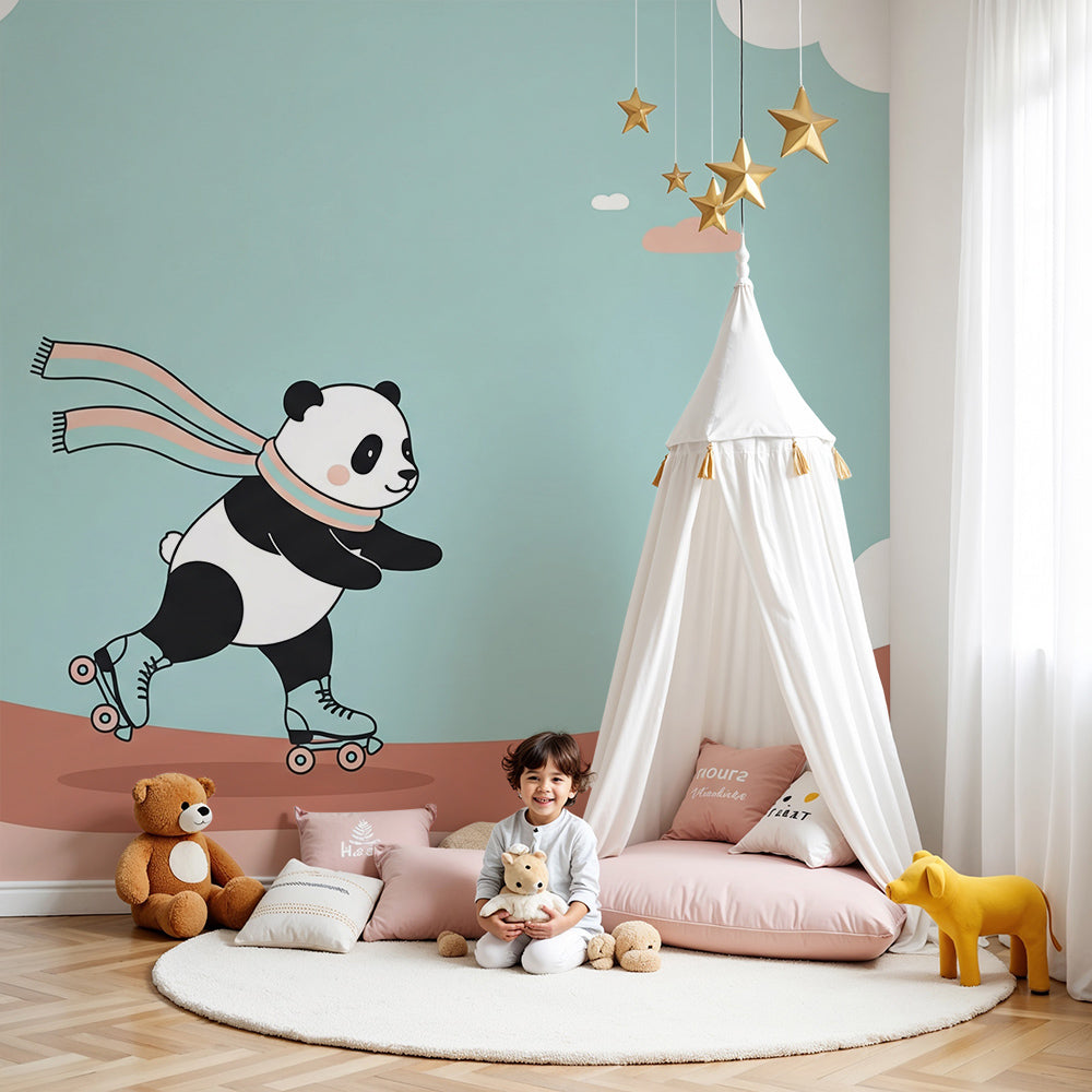 Kids-Mundo roller-skating panda wall mural in a soft blue and terracotta nursery setting
