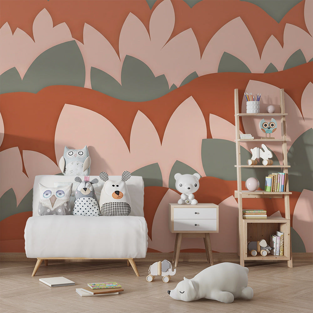 Kids bedroom featuring a Kids-Mundo terracotta hills and leaf wall mural above a bed