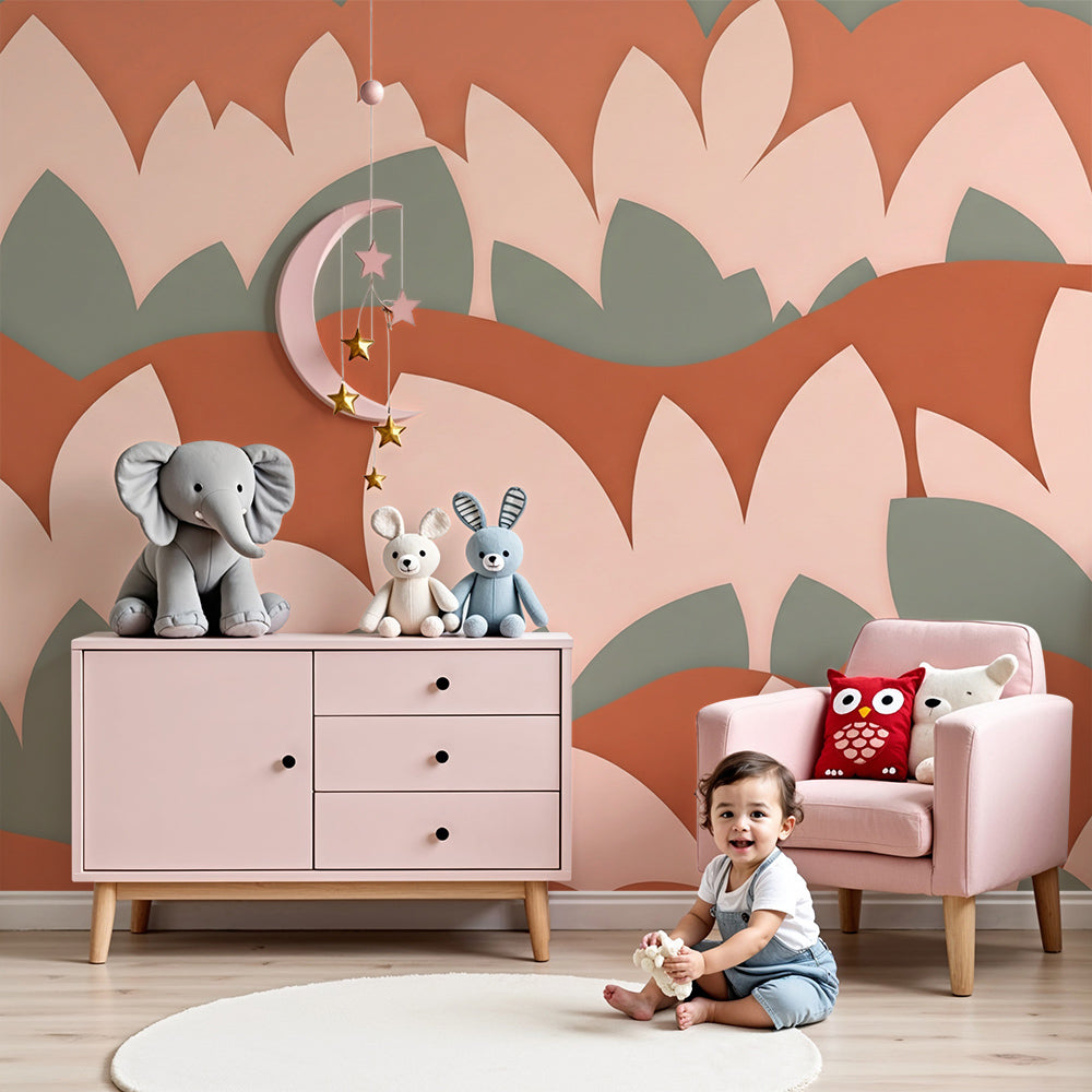 Nursery with a terracotta rolling hills leaf wall mural by Kids-Mundo behind a cot