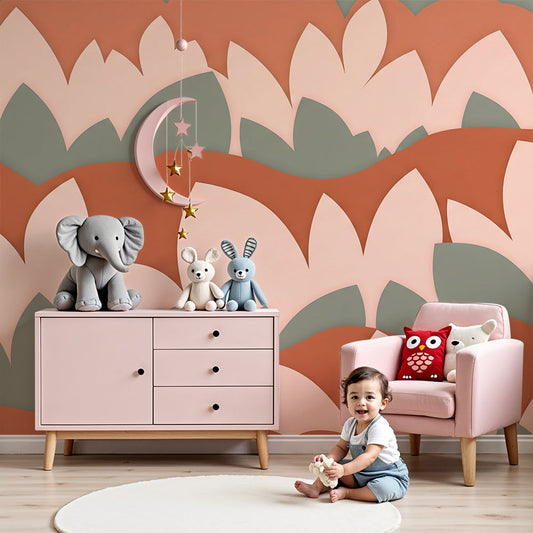 Nursery with a terracotta rolling hills leaf wall mural by Kids-Mundo behind a cot