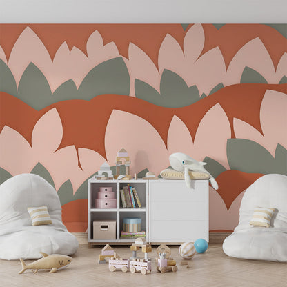 Playroom wall styled with a Kids-Mundo cream and sage leaf hills mural