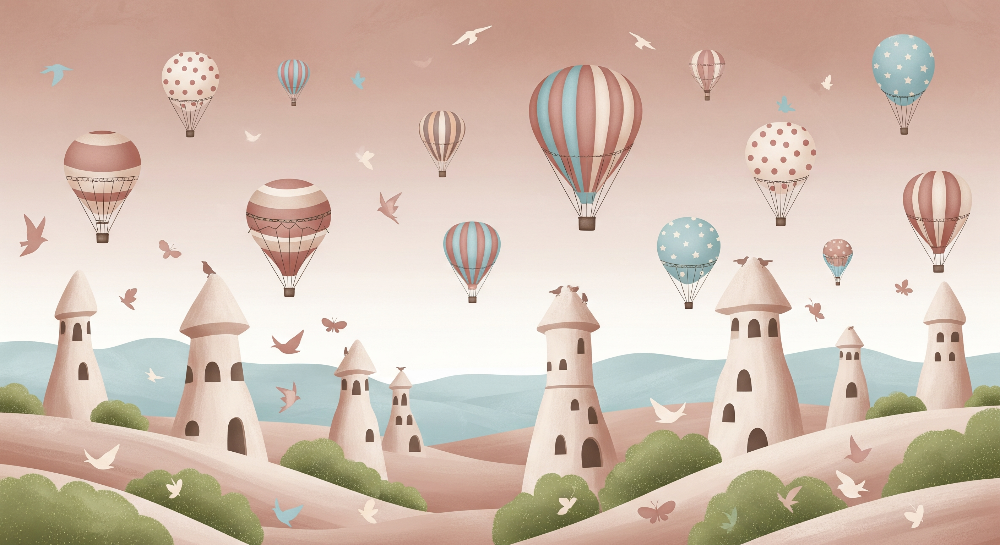 Rose Sky Castle Towers and Balloons Wall Mural