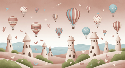 Kids-Mundo flat artwork of rose-pink castle towers and hot air balloons for a wall mural