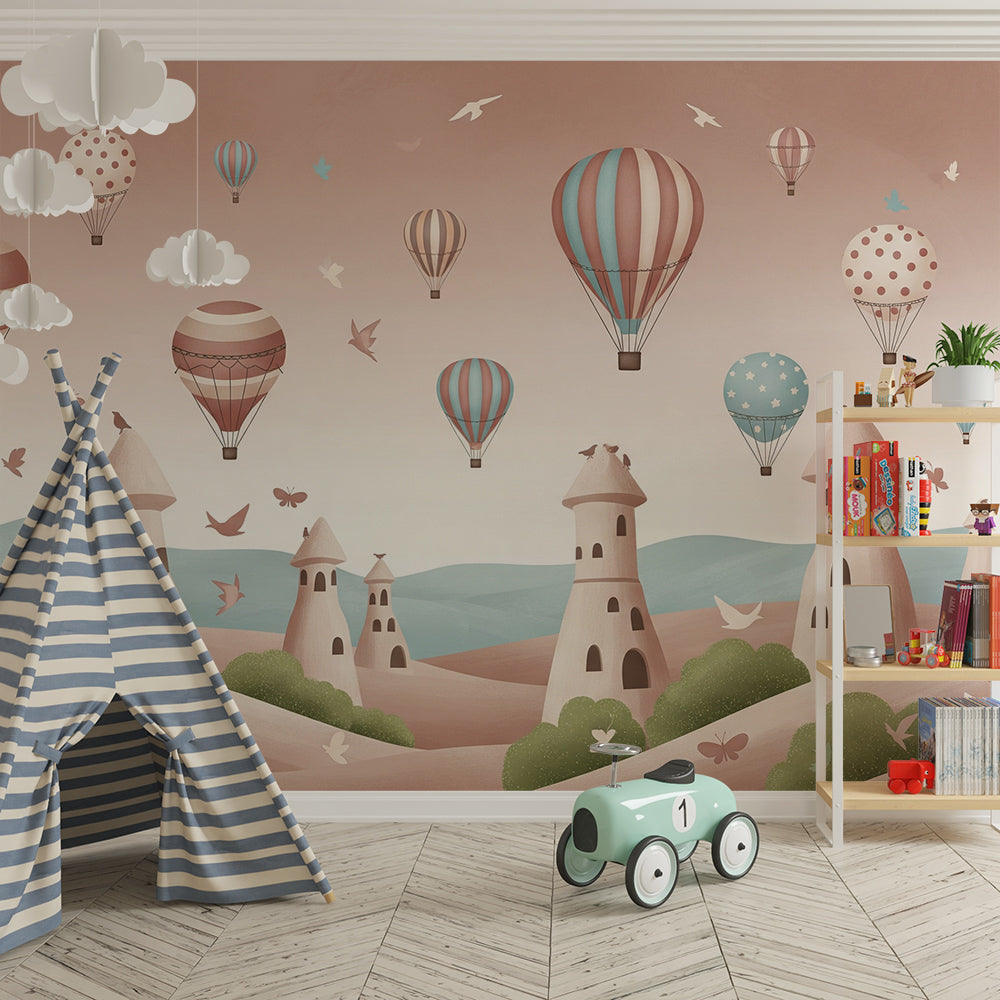 Kids-Mundo whimsical tower and balloon wall mural bringing colour to a children's playroom