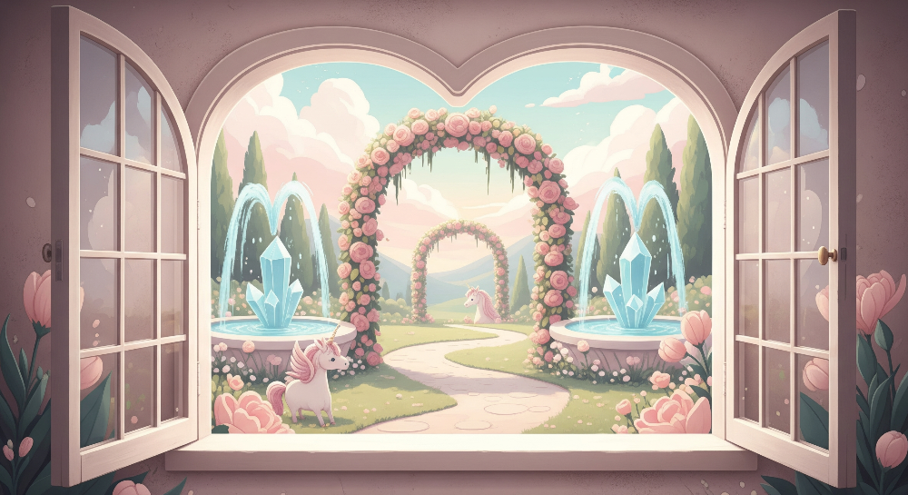 Rose Garden Fountain Unicorn Wall Mural