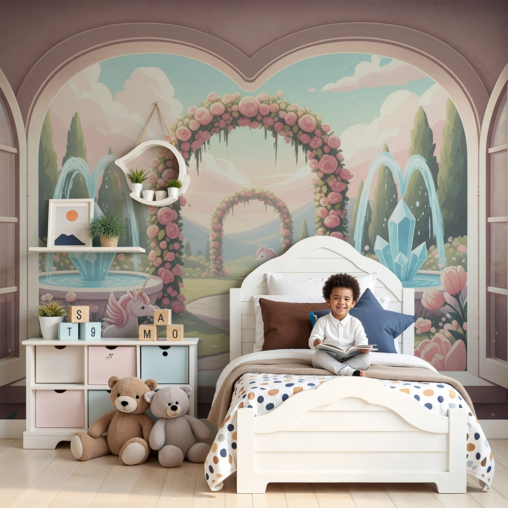 Kids-Mundo rose garden unicorn wall mural mockup styled in a pastel baby nursery interior.