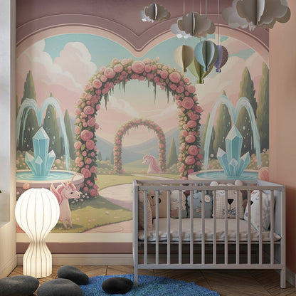 Kids-Mundo rose garden fountain mural mockup displayed on a bright children's playroom wall.