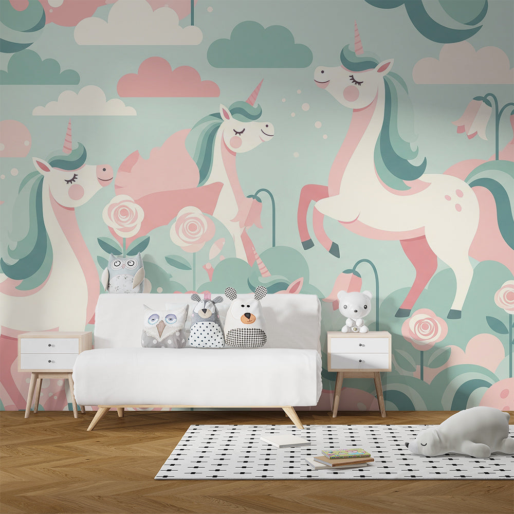 Kids-Mundo rose garden unicorn wall mural covering a feature wall in a mint green kids bedroom