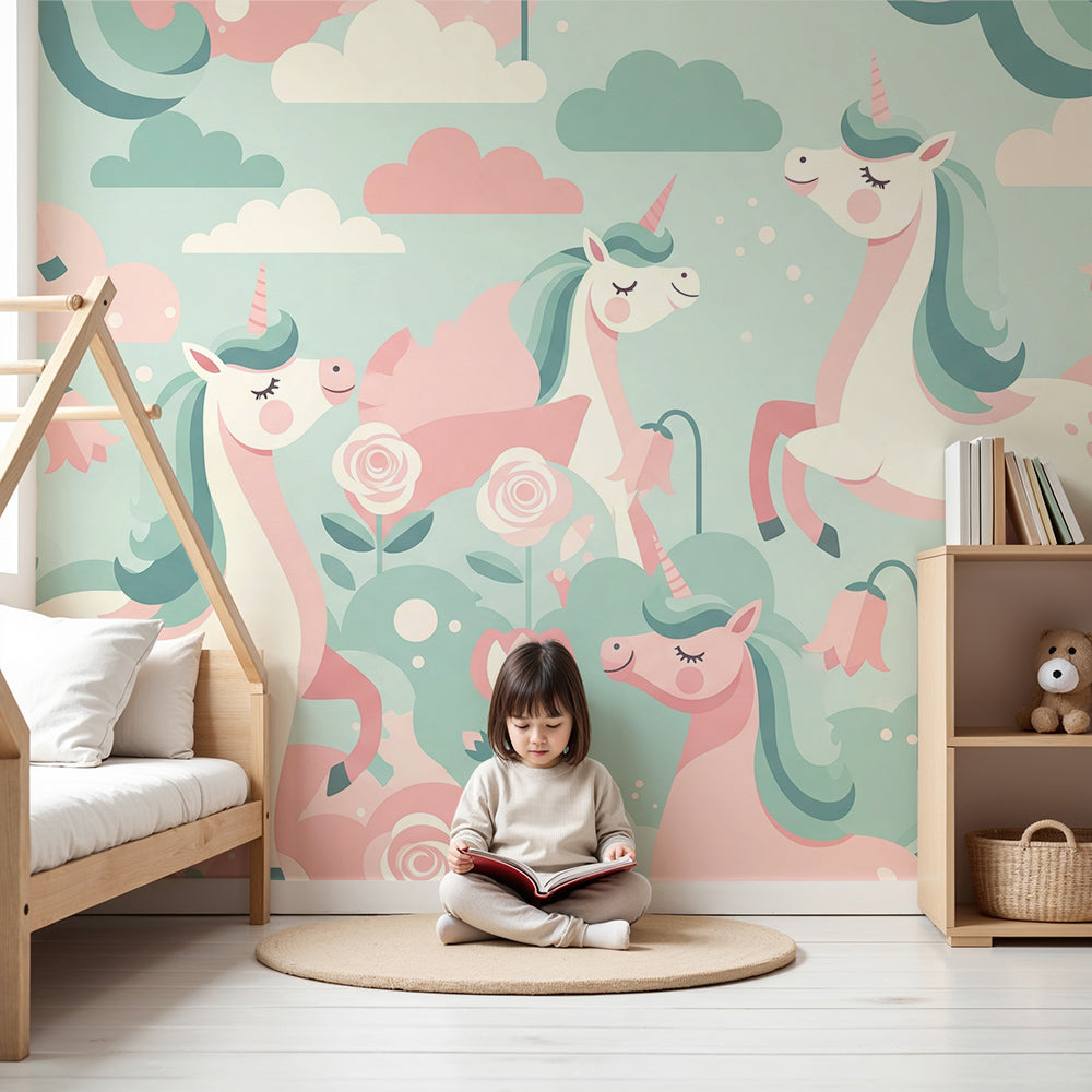 Kids-Mundo unicorn wall mural with a pastel rose garden scene styled behind a cot in a nursery