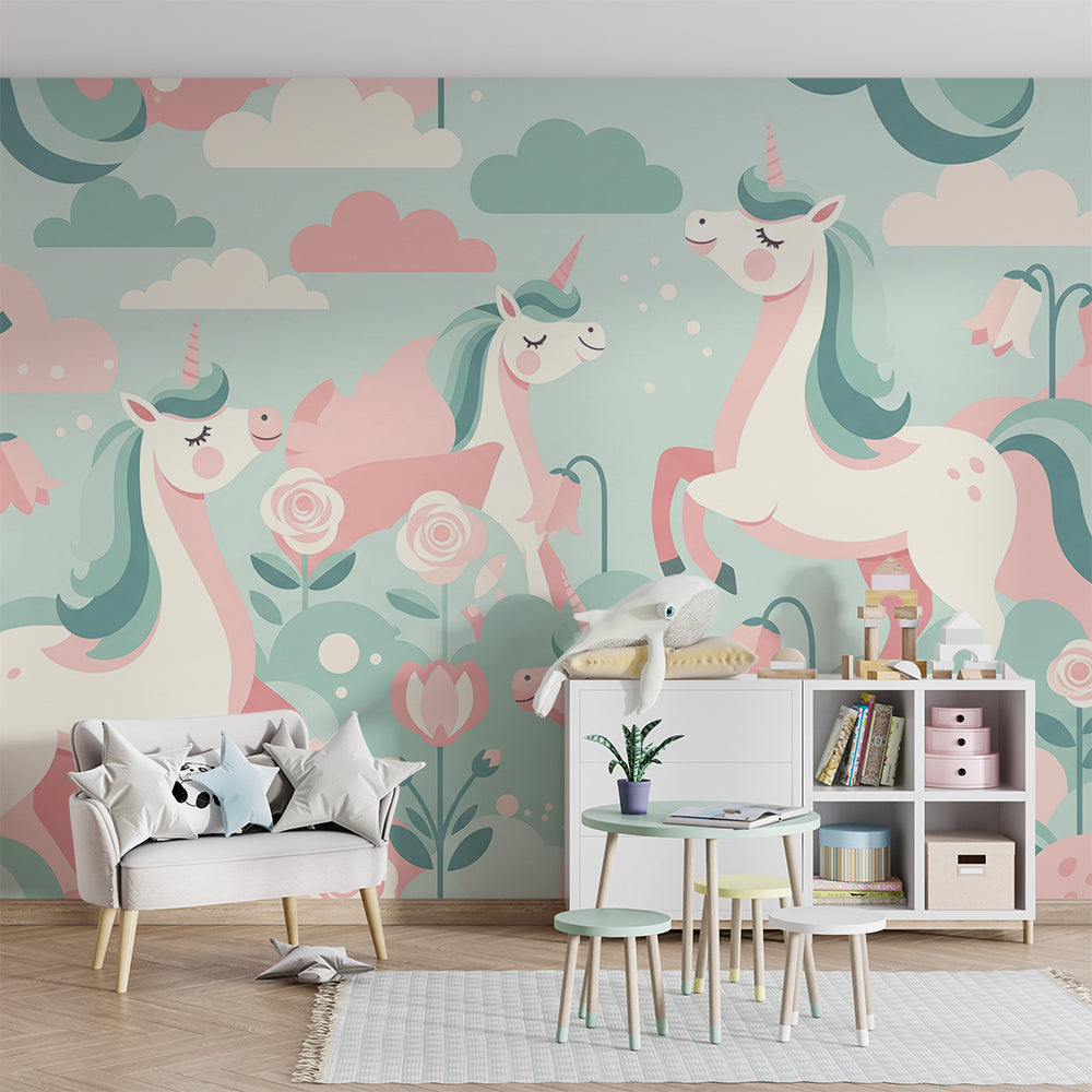 Kids-Mundo pastel unicorn and rose wall mural brightening a children's playroom corner